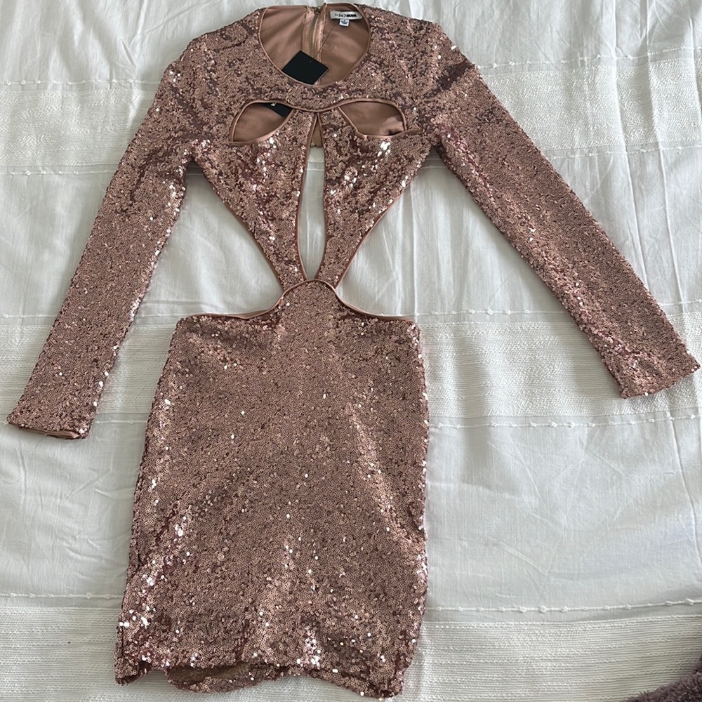 BNWT size small FashionNova “The party can now begin” sequin dress.